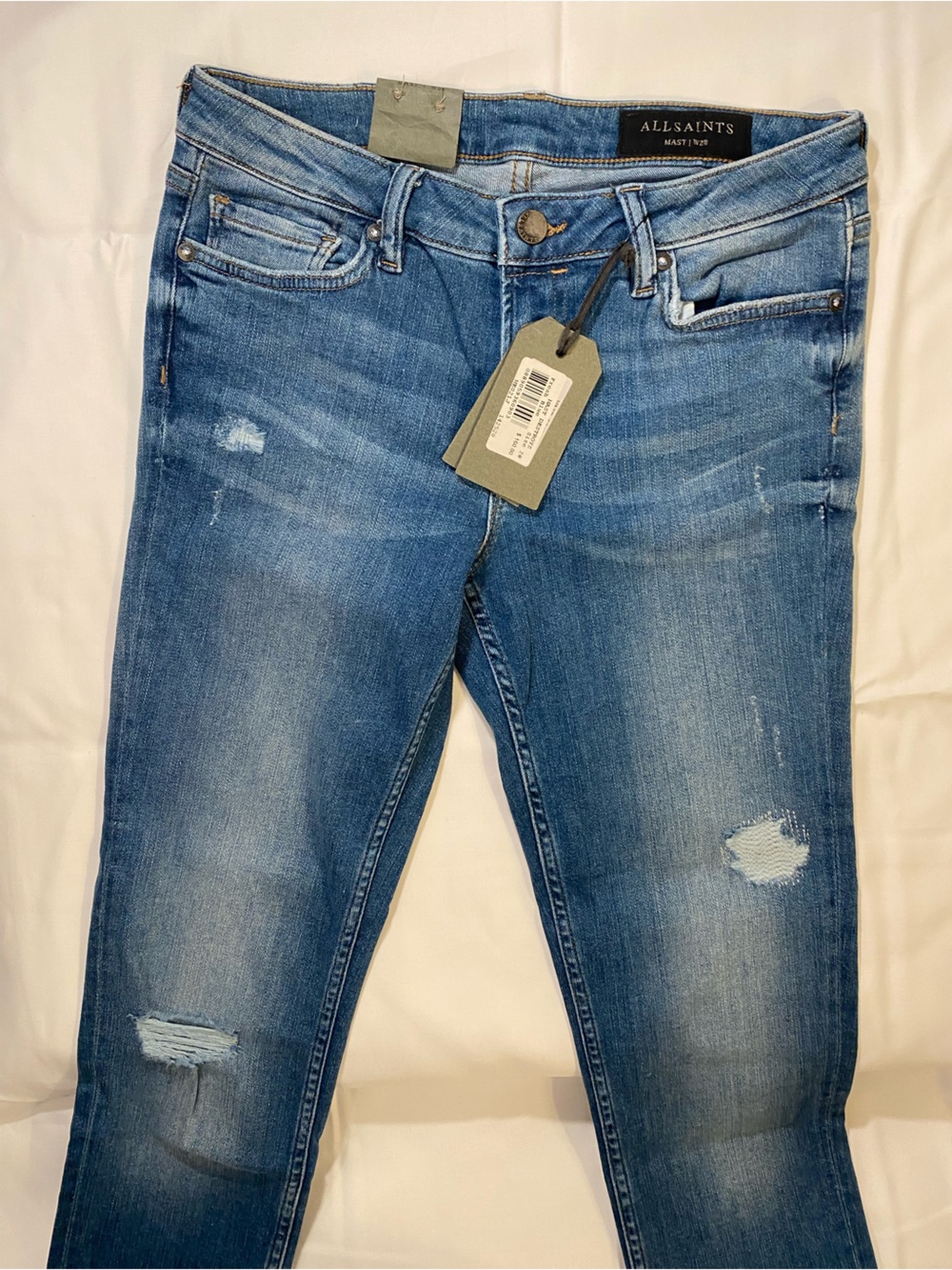 NWT AllSaints Mast Distressed Slim Blue Skinny Jeans Womens 28